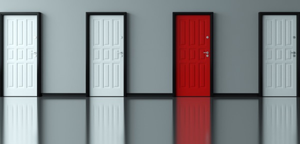 Three white doors. One red door.